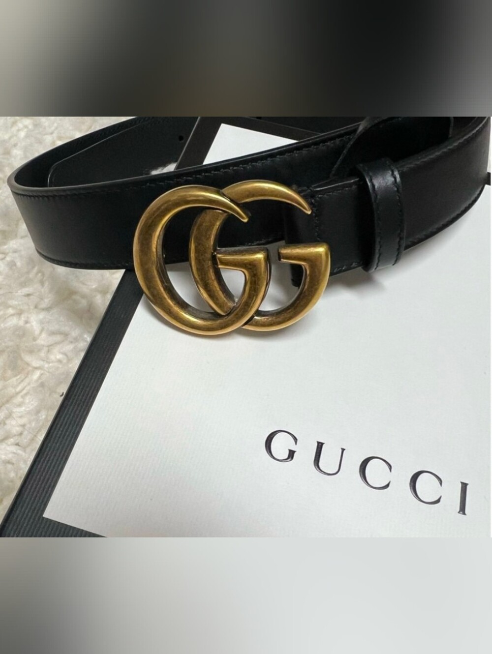 Gucci Marmont Black Leather Belt Iconic Brass Double G Buckle M/S